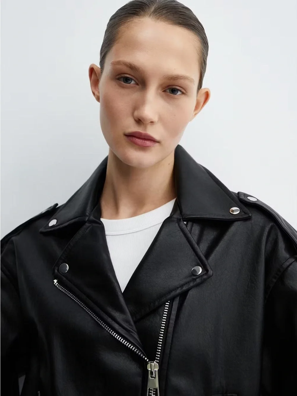 Mango Faux-Leather Oversized Biker Jacket - Black - XXL